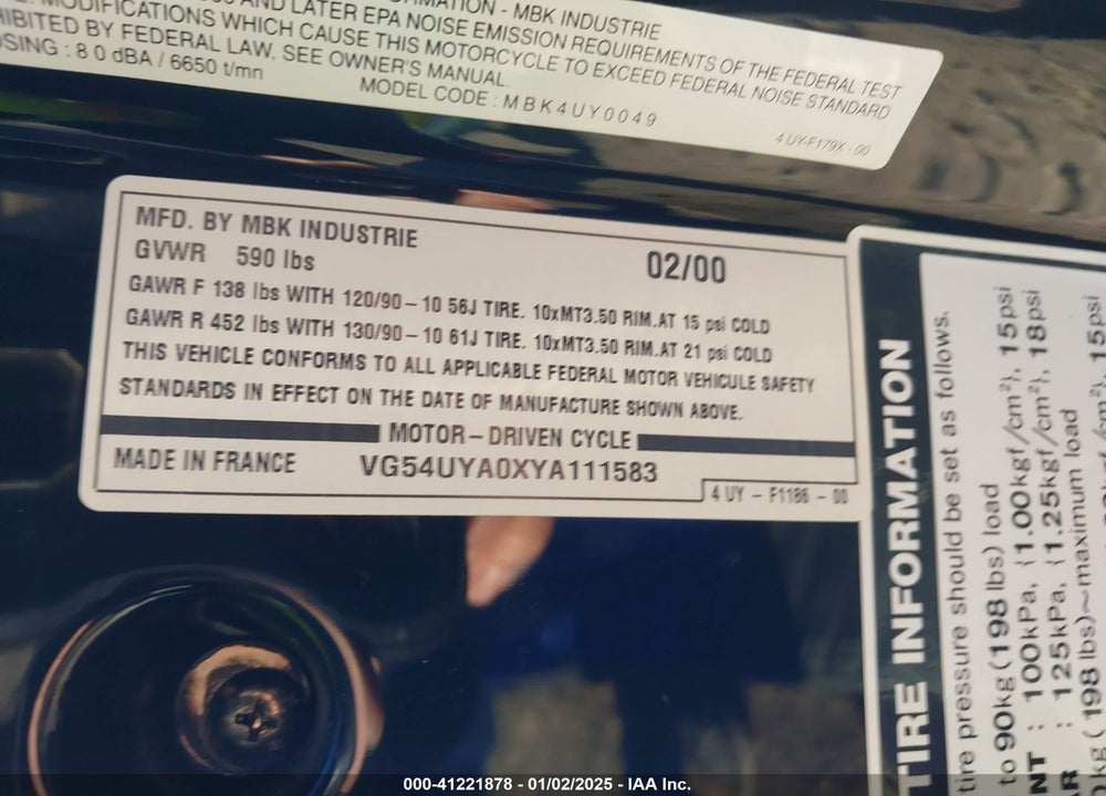2000 YAMAHA CW50 VIN: VG54UYA0XYA111583