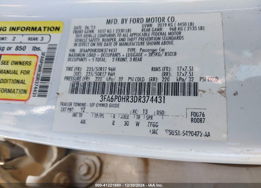 2013 FORD FUSION SE VIN: 3FA6P0HR3DR374431