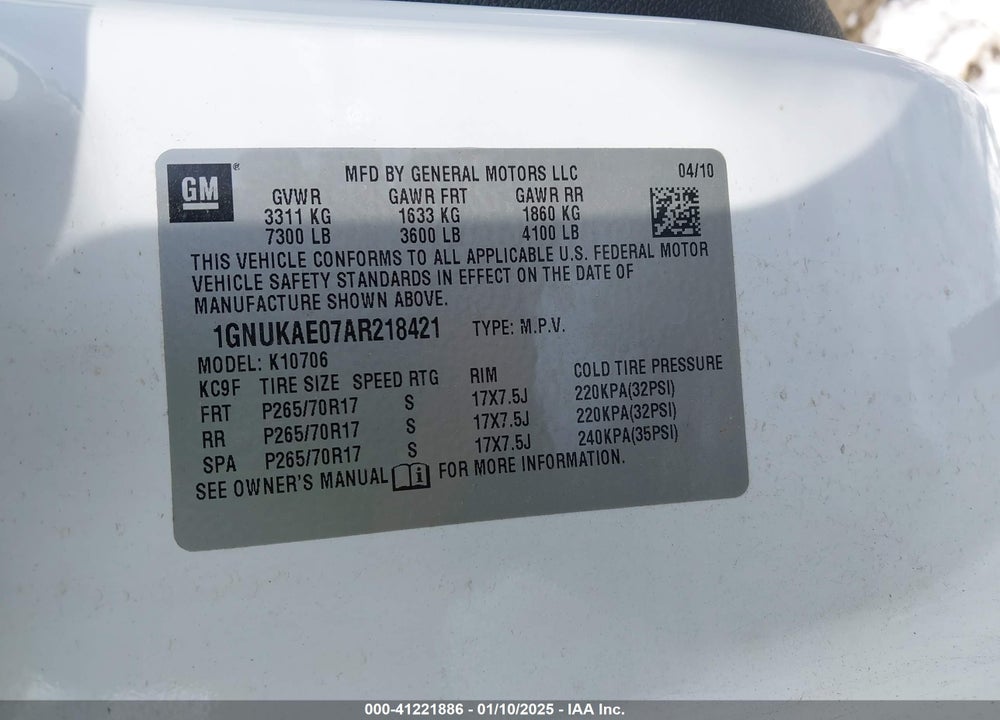2010 CHEVROLET TAHOE SPECIAL SERVICES VIN: 1GNUKAE07AR218421