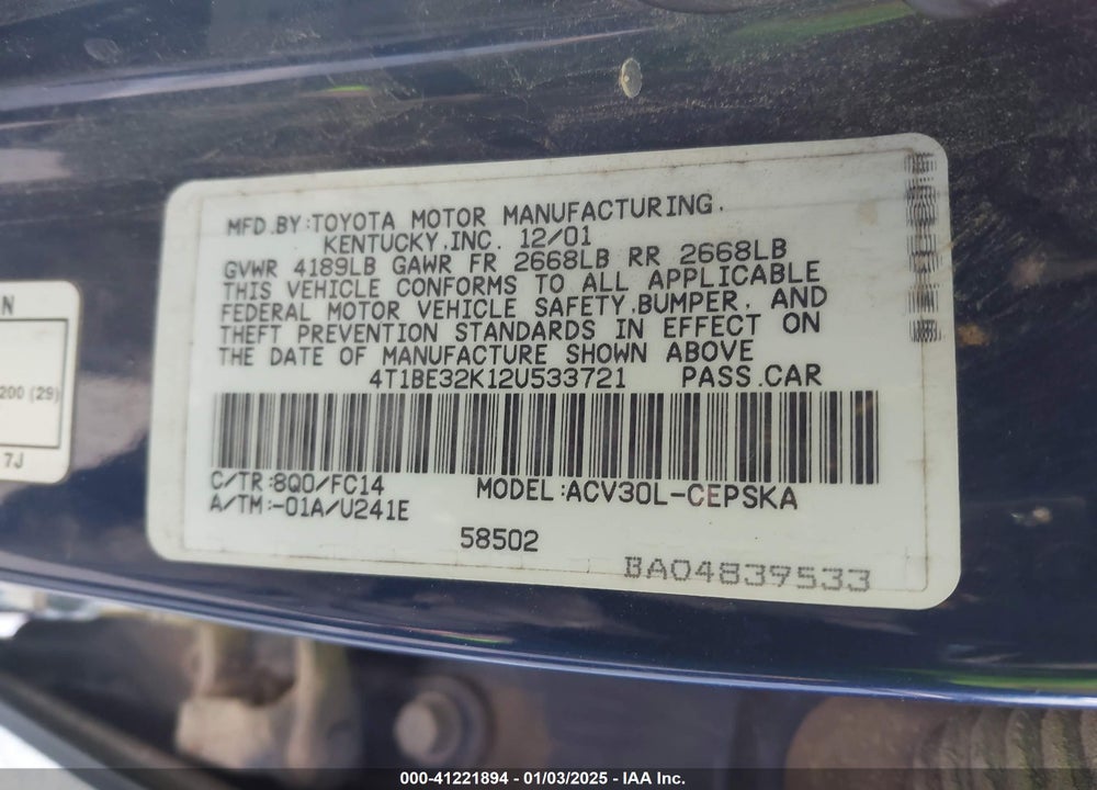 2002 TOYOTA CAMRY SE VIN: 4T1BE32K12U533721