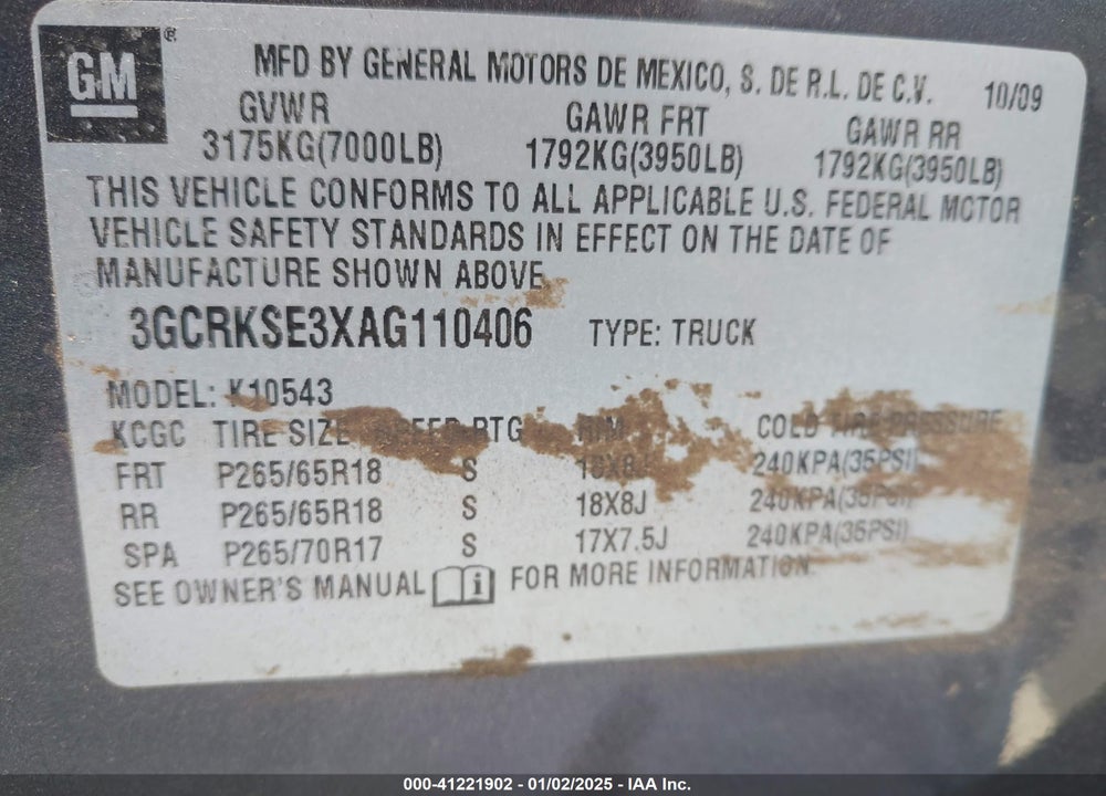 2010 CHEVROLET SILVERADO 1500 LT VIN: 3GCRKSE3XAG110406