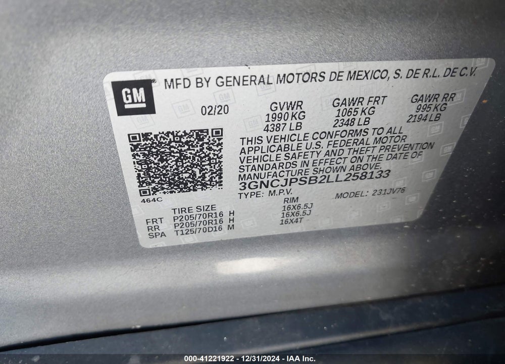 2020 CHEVROLET TRAX AWD LT VIN: 3GNCJPSB2LL258133