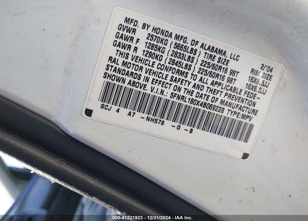 2004 HONDA ODYSSEY EX-L VIN: 5FNRL180X4B069228
