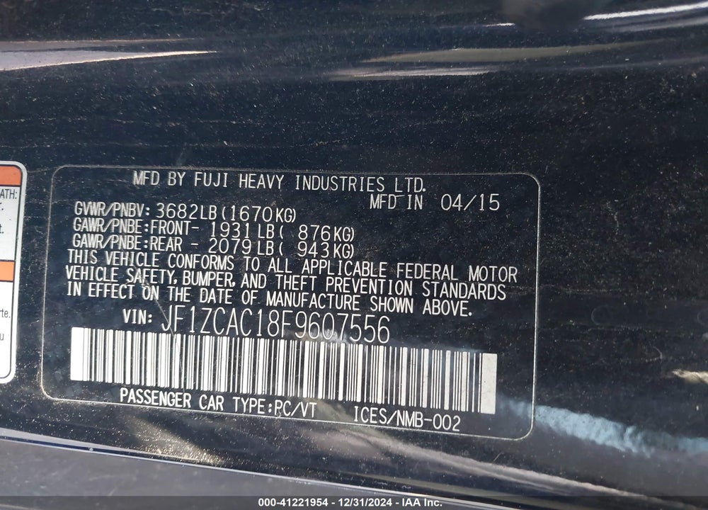 2015 SUBARU BRZ LIMITED VIN: JF1ZCAC18F9607556