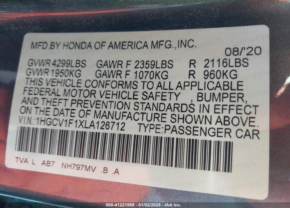 2020 HONDA ACCORD VIN: 1HGCV1F1XLA126712
