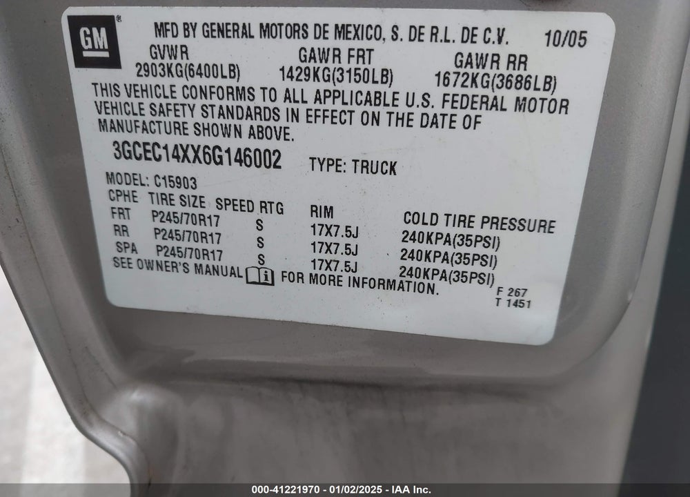 2006 CHEVROLET SILVERADO 1500 WORK TRUCK VIN: 3GCEC14XX6G146002