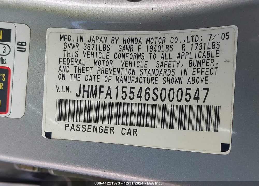 2006 HONDA CIVIC LX VIN: JHMFA15546S000547