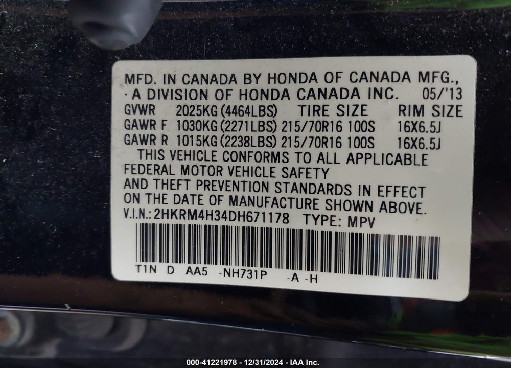 2013 HONDA CR-V LX VIN: 2HKRM4H34DH671178