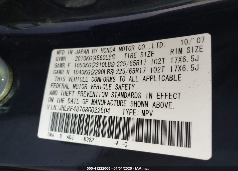 2008 HONDA CR-V EX-L VIN: JHLRE48768C022504