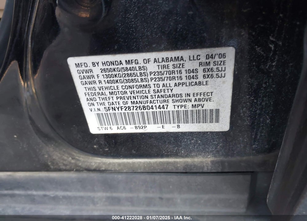 2006 HONDA PILOT VIN: 5FNYF28726B041447