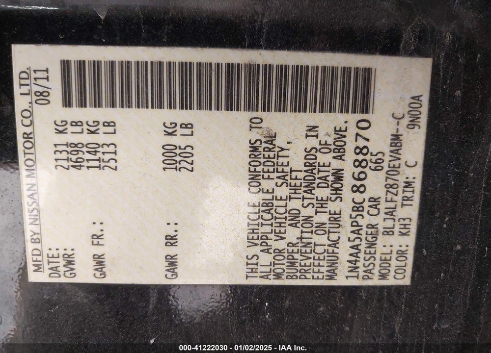 2011 NISSAN MAXIMA VIN: 1N4AA5AP5BC868870