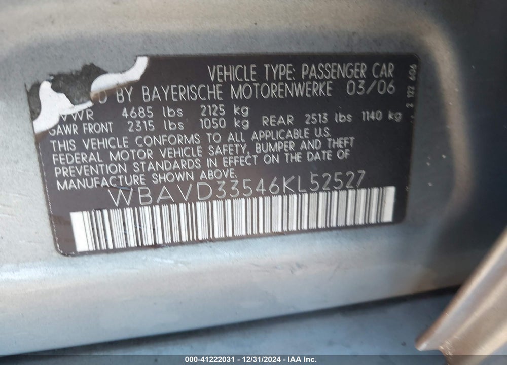 2006 BMW 330 VIN: WBAVD33546KL52527