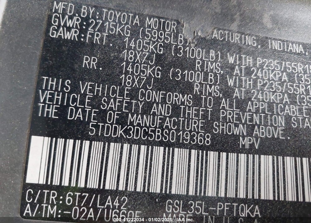 2011 TOYOTA SIENNA XLE LIMITED VIN: 5TDDK3DC5BS019368