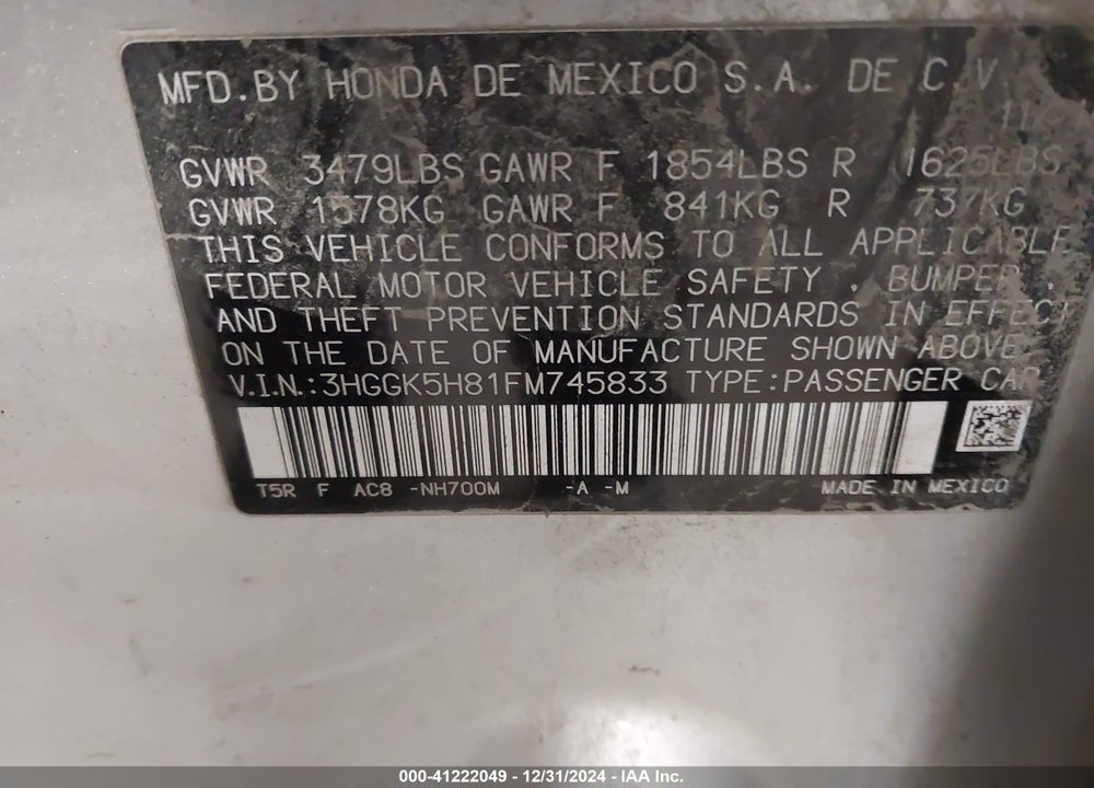 2015 HONDA FIT EX/EX-L VIN: 3HGGK5H81FM745833