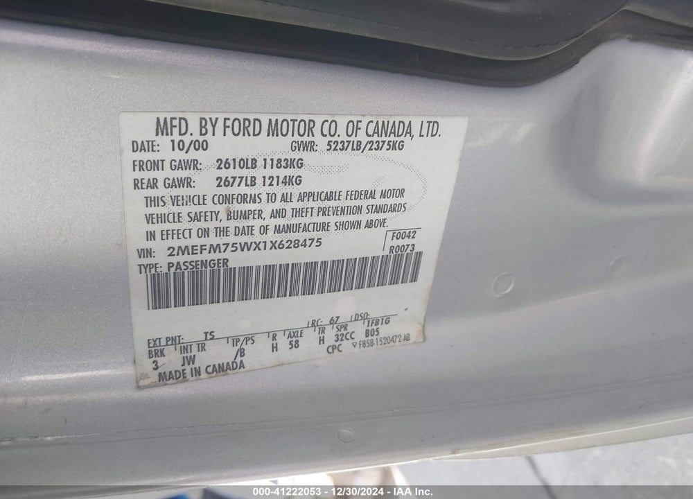 2001 MERCURY GRAND MARQUIS LS VIN: 2MEFM75WX1X628475
