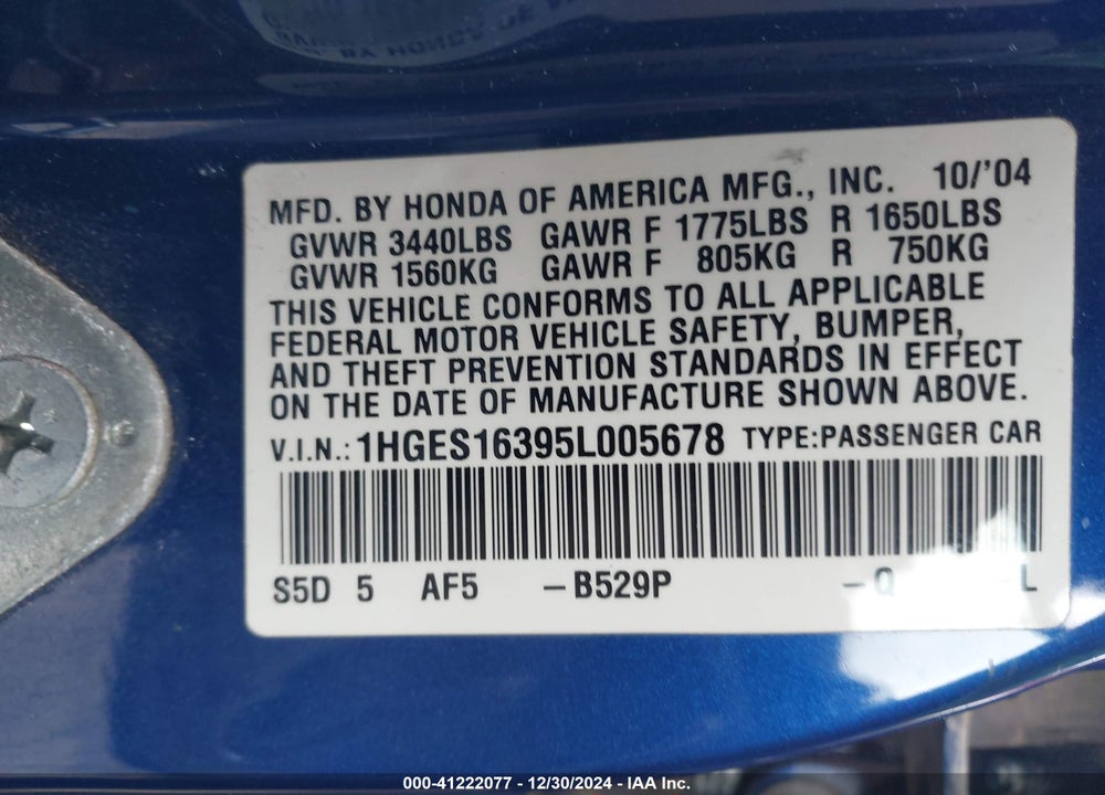 2005 HONDA CIVIC VP VIN: 1HGES16395L005678