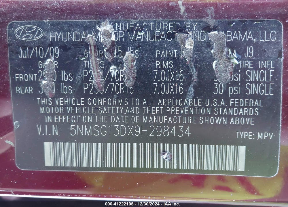 2009 HYUNDAI SANTA FE GLS VIN: 5NMSG13DX9H298434