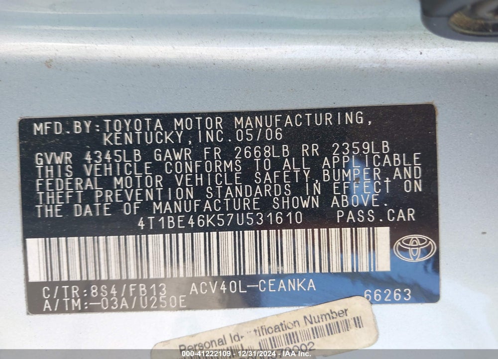 2007 TOYOTA CAMRY LE VIN: 4T1BE46K57U531610