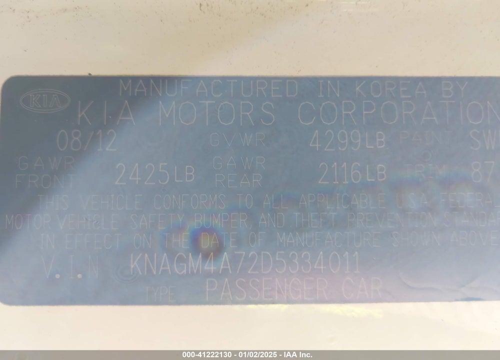 2013 KIA OPTIMA VIN: KNAGM4A72D5334011