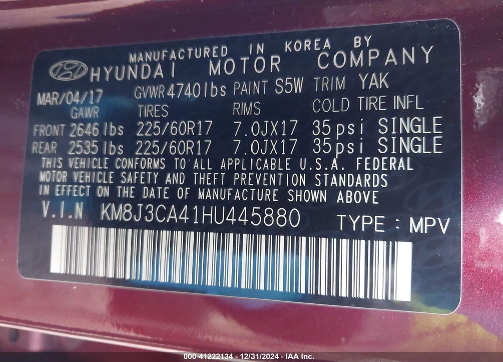 2017 HYUNDAI TUCSON SE VIN: KM8J3CA41HU445880