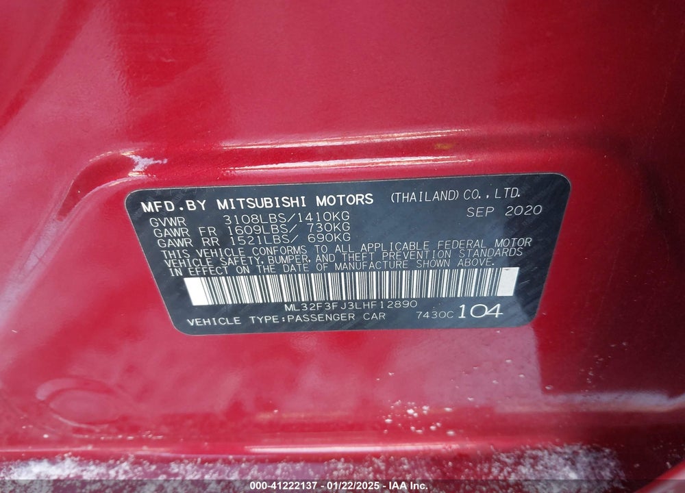 2020 MITSUBISHI MIRAGE G4 VIN: ML32F3FJ3LHF12890