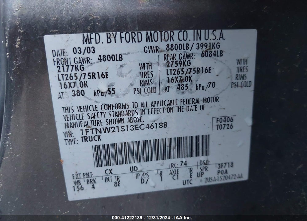 2003 FORD F-250 LARIAT/XL/XLT VIN: 1FTNW21S13EC46188