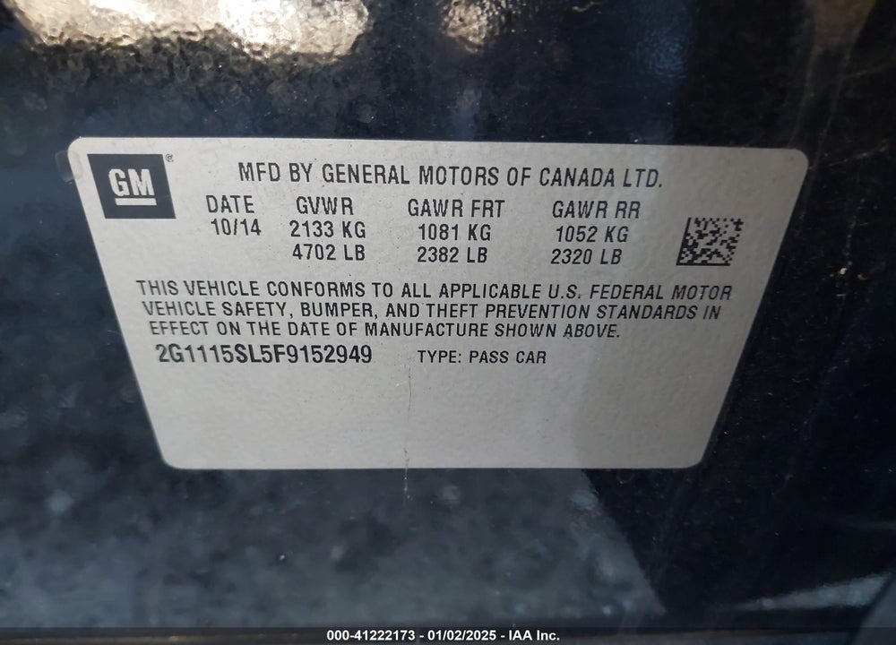 2015 CHEVROLET IMPALA 1LT VIN: 2G1115SL5F9152949