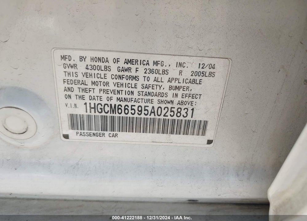 2005 HONDA ACCORD 3.0 EX VIN: 1HGCM66595A025831