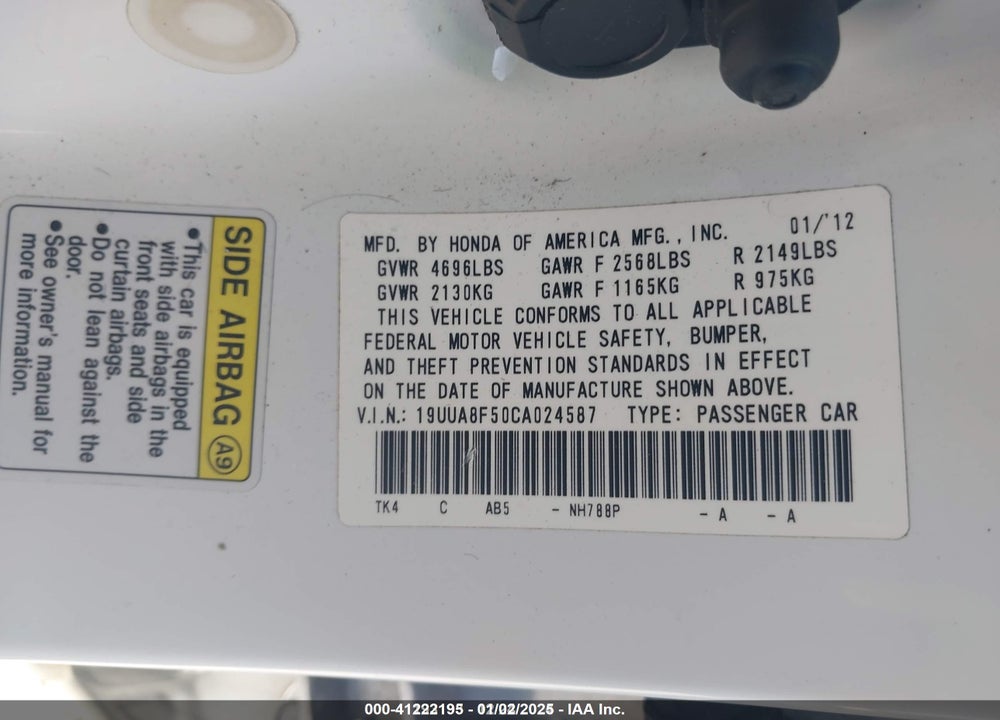 2012 ACURA TL VIN: 19UUA8F50CA024587