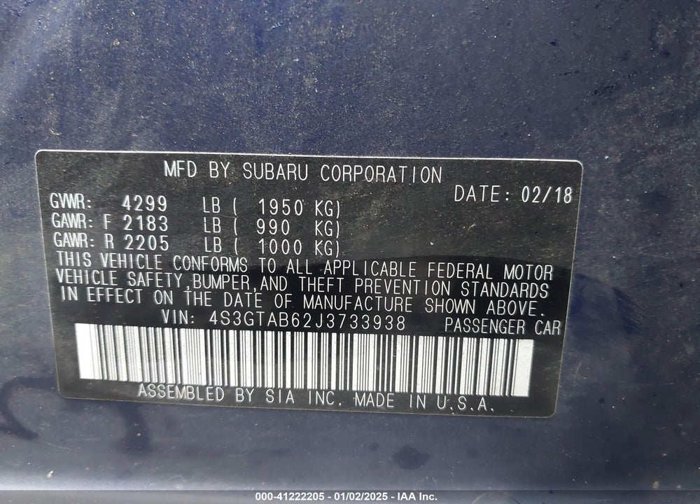 2018 SUBARU IMPREZA 2.0I PREMIUM VIN: 4S3GTAB62J3733938