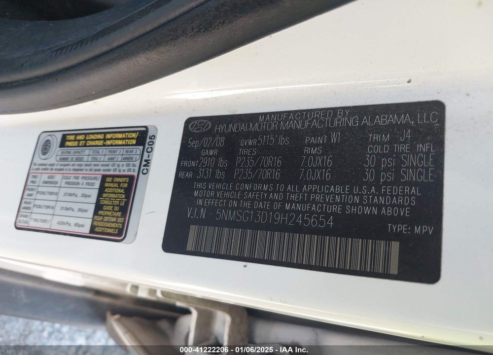 2009 HYUNDAI SANTA FE GLS VIN: 5NMSG13D19H245654