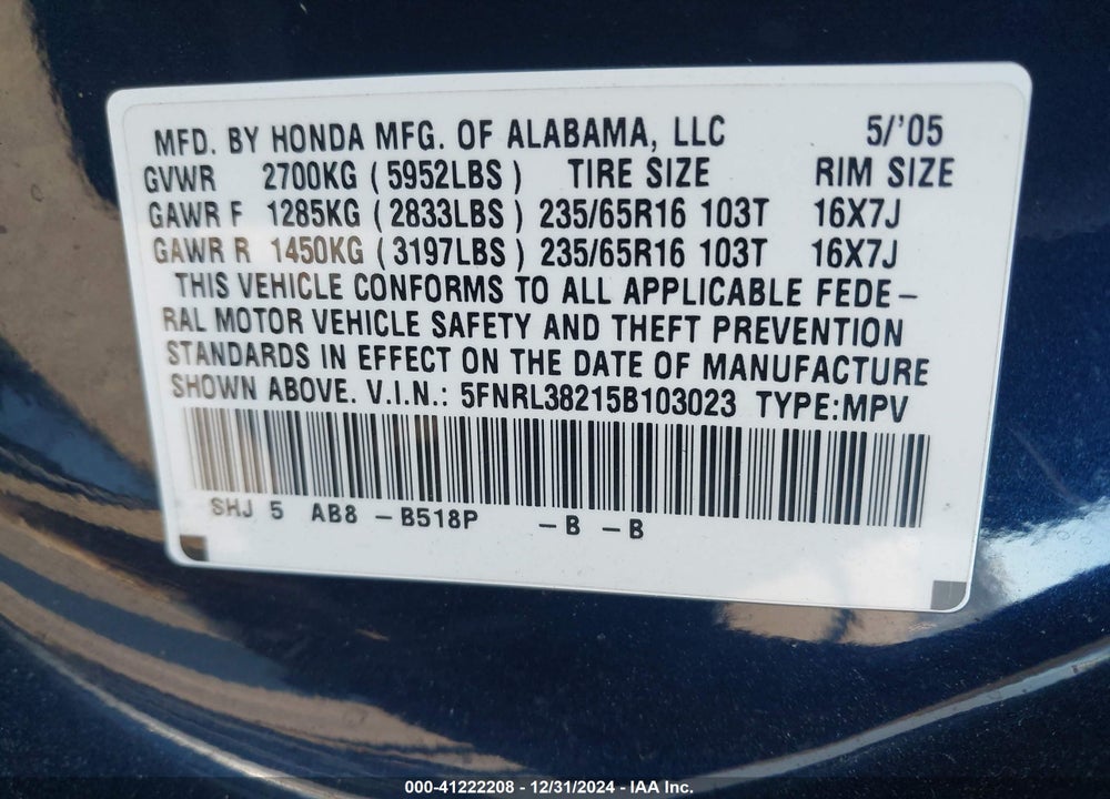 2005 HONDA ODYSSEY LX VIN: 5FNRL38215B103023
