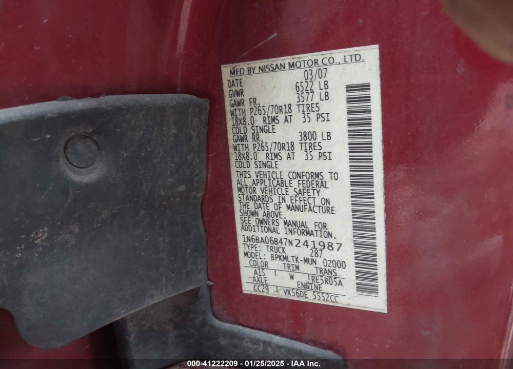 2007 NISSAN TITAN SE VIN: 1N6BA06B47N241987