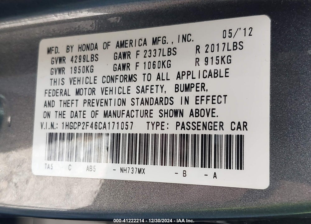 2012 HONDA ACCORD SDN LX PREMIUM VIN: 1HGCP2F46CA171057
