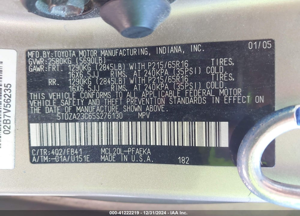 2005 TOYOTA SIENNA LE VIN: 5TDZA23C65S276130