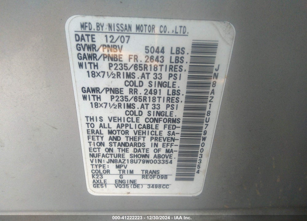 2009 NISSAN MURANO SL VIN: JN8AZ18U79W003354