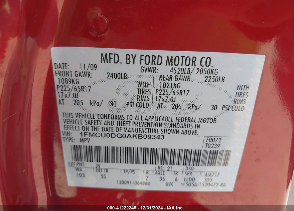 2010 FORD ESCAPE XLT VIN: 1FMCU0DG0AKB09343