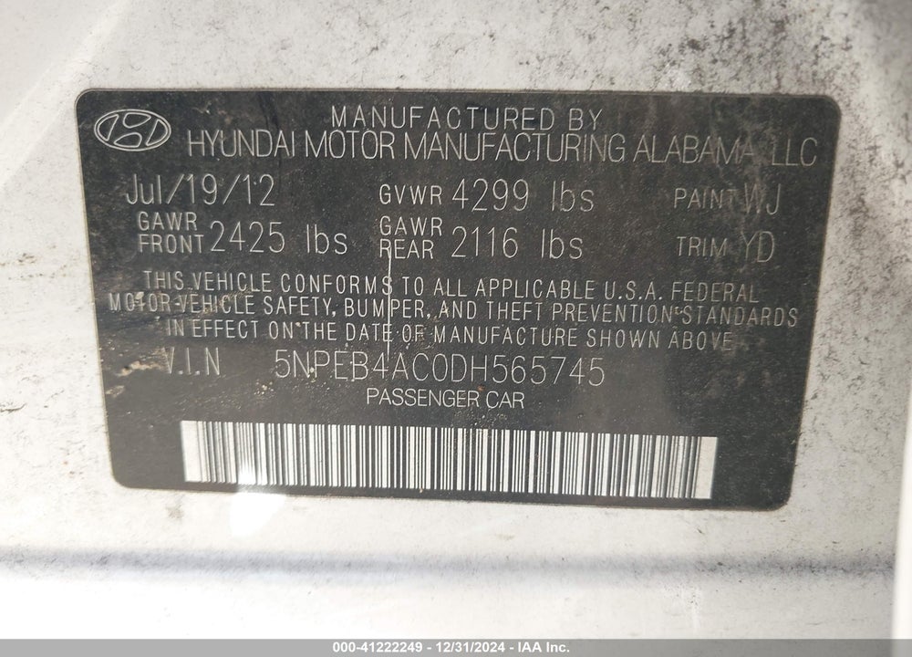 2013 HYUNDAI SONATA VIN: 5NPEB4AC0DH565745