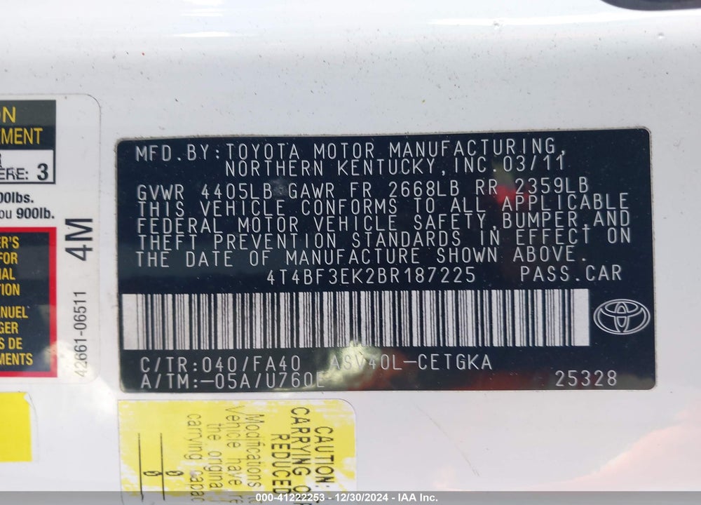 2011 TOYOTA CAMRY VIN: 4T4BF3EK2BR187225