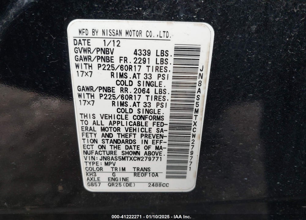 2012 NISSAN ROGUE SV VIN: JN8AS5MTXCW279771