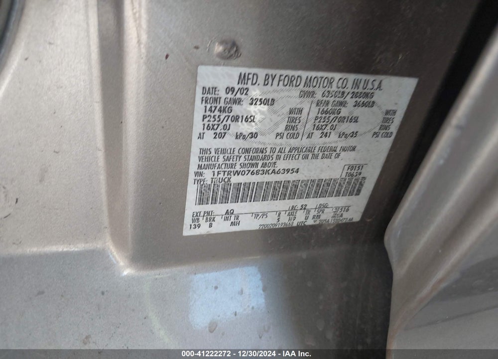 2003 FORD F150 SUPERCREW VIN: 1FTRW07683KA63954