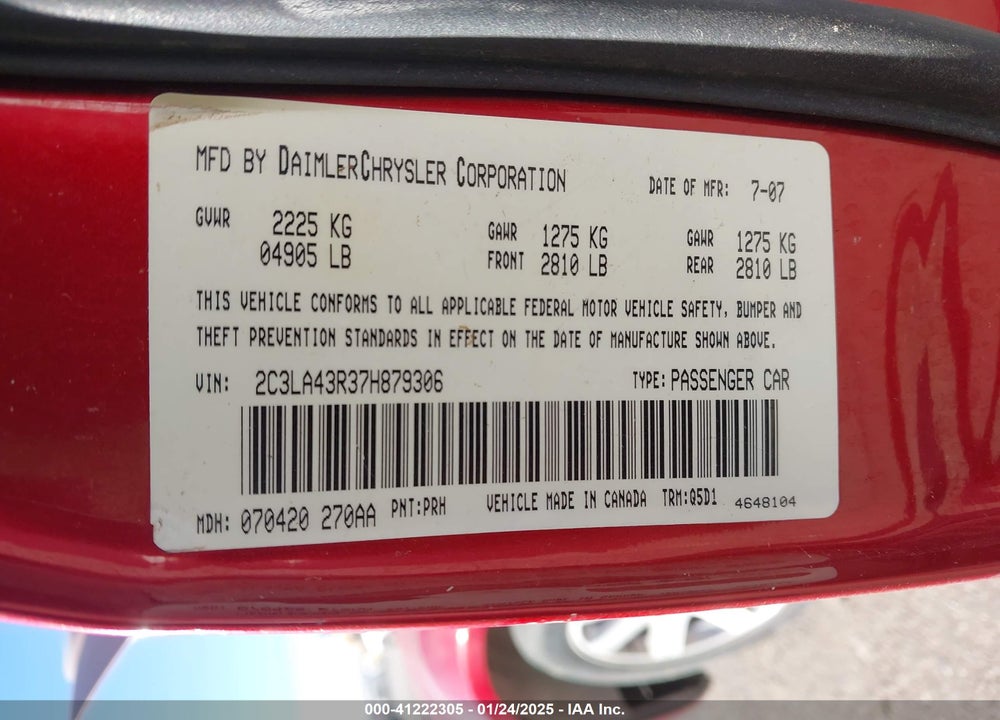 2007 CHRYSLER 300 VIN: 2C3LA43R37H879306