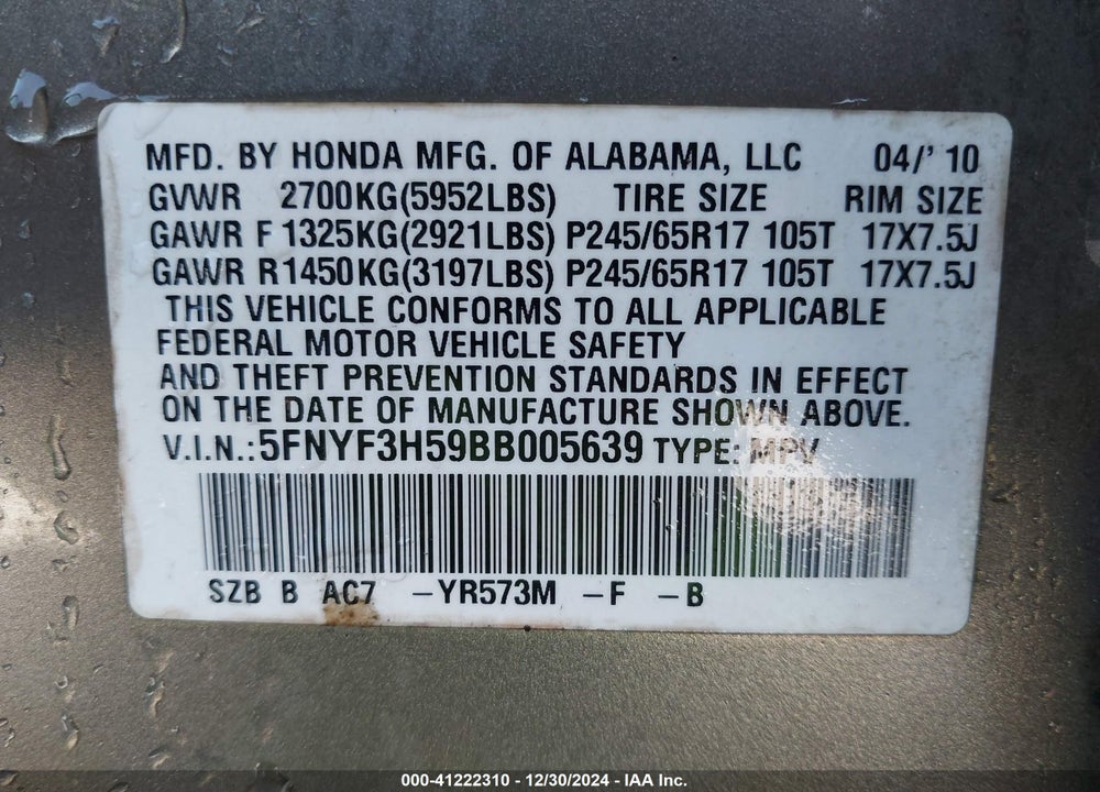 2011 HONDA PILOT EX-L VIN: 5FNYF3H59BB005639