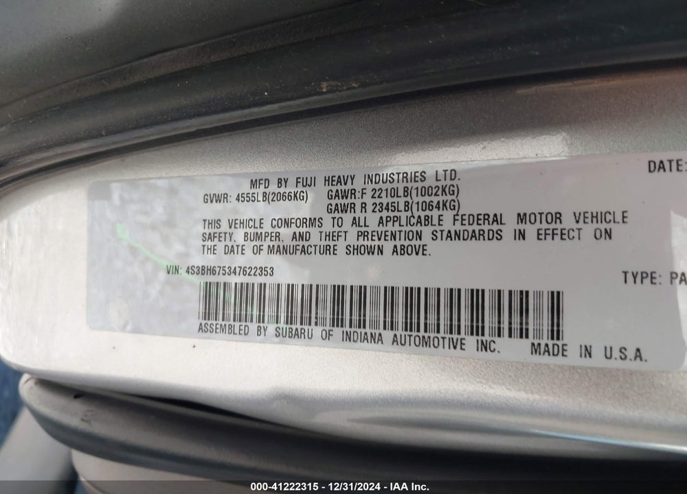2004 SUBARU OUTBACK VIN: 4S3BH675347622353
