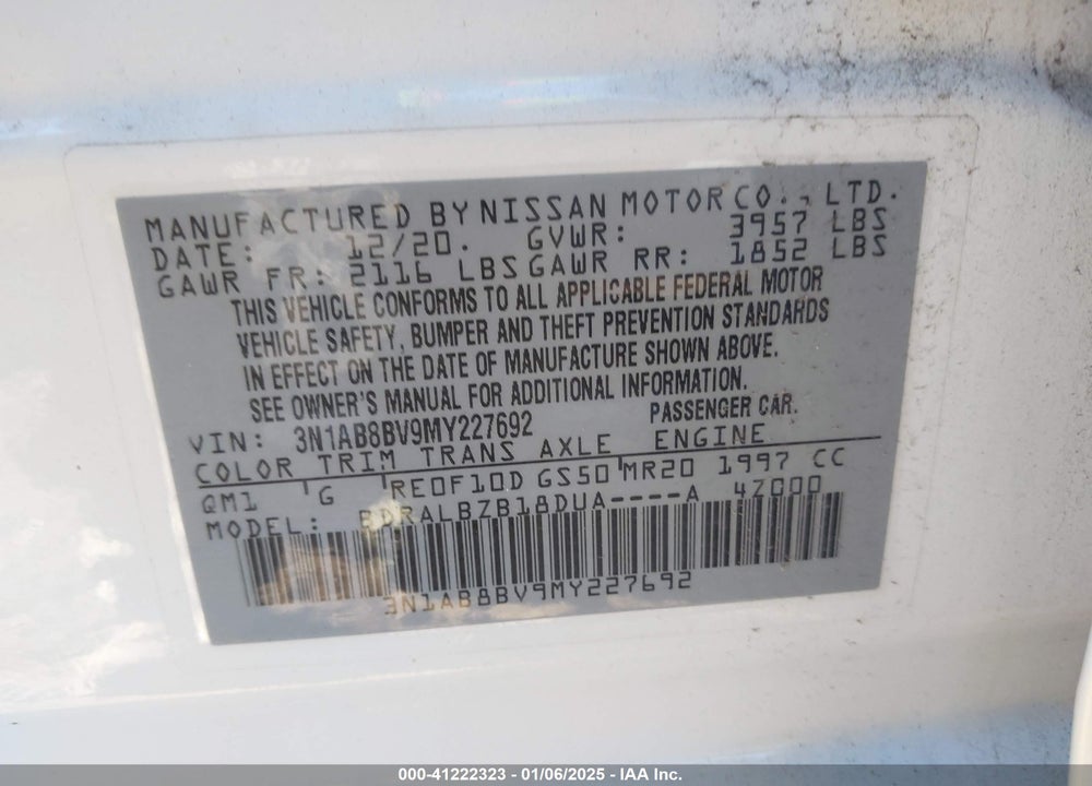 2021 NISSAN SENTRA S XTRONIC CVT VIN: 3N1AB8BV9MY227692