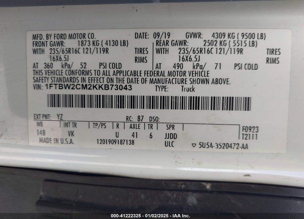 2019 FORD TRANSIT-350 VIN: 1FTBW2CM2KKB73043