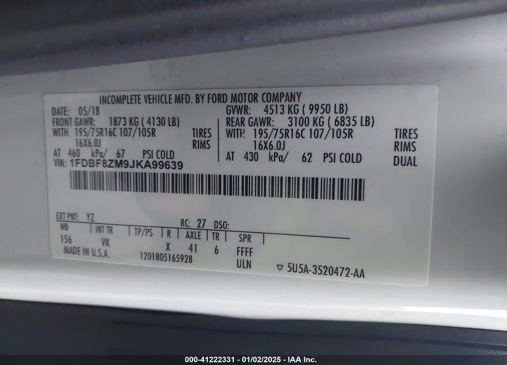2018 FORD TRANSIT-350 CAB VIN: 1FDBF8ZM9JKA99639