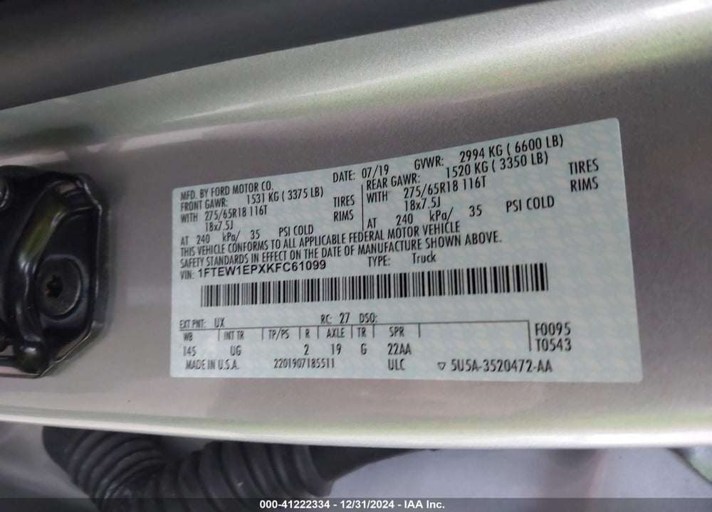 2019 FORD F-150 XLT VIN: 1FTEW1EPXKFC61099