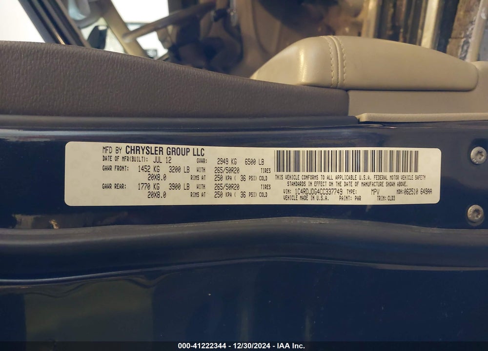 2012 DODGE DURANGO CREW VIN: 1C4RDJDG4CC337749