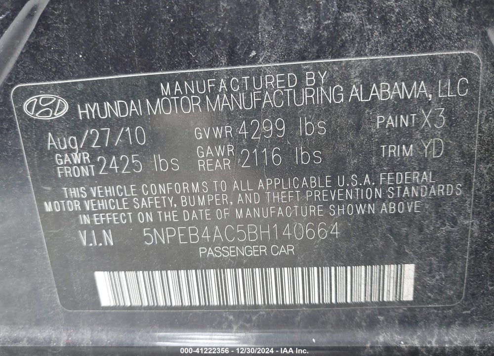 2011 HYUNDAI SONATA VIN: 5NPEB4AC5BH140664